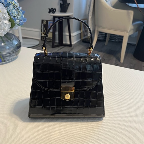 Veronica Beard Black Croc Satchel with Gold Accents - Picture 9 of 11